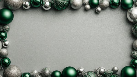 A festive border with balanced green decorations and polished silver accents.の写真素材