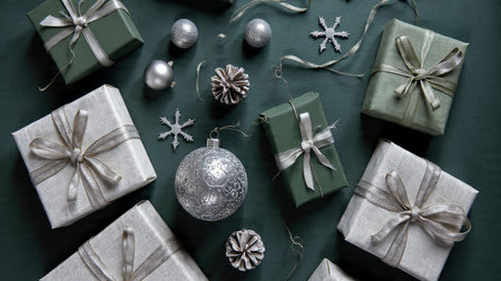 A minimalist holiday frame with soft green textures and tiny silver accents.の写真素材