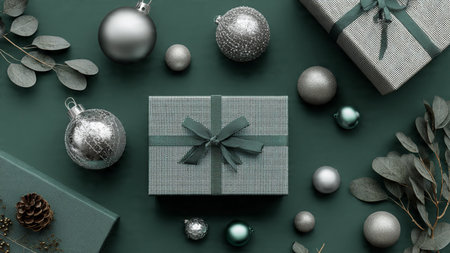 A simple holiday mockup using only two-tone green and silver dの写真素材
