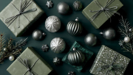 Premium Christmas styling with bright silver shine paired with rich green decor.の写真素材