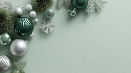 A minimal border of green ornaments and tiny silver accents surrounding bright center space.の写真素材