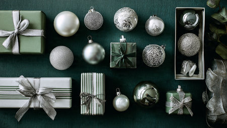 A fancy holiday frame featuring metallic silver bows and rich green pine textures.の写真素材