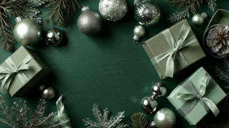 A polished green Christmas mockup highlighted with shimmering silver snow effects.の写真素材