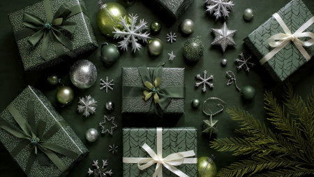 A glamorous holiday design integrating shiny silver ornaments and glossy green dの写真素材