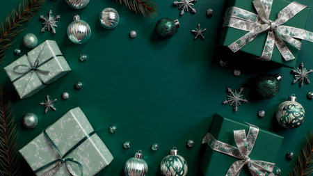 A premium festive frame featuring elegant silver ribbon waves on a green background.の写真素材