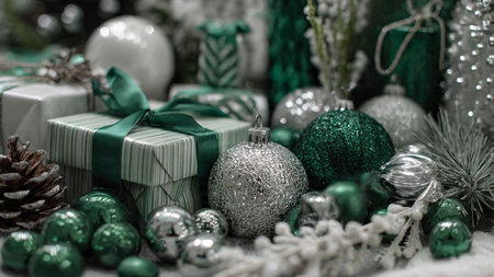A neat holiday mockup featuring geometric green ornaments paired with textured silver accents.の写真素材