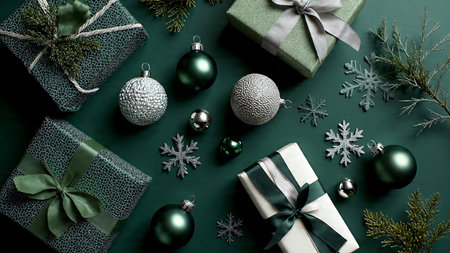 A serene Christmas frame with soft green textures and elegant polished silver baubles.の写真素材