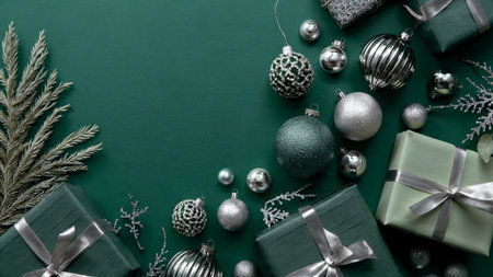 Festive flat lay with natural pine accents, metallic silver stars, and green ornaments framing a bright white area.の写真素材