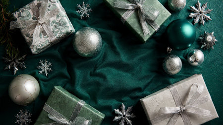 A refined classic frame featuring smooth green baubles and metallic silver stars.の写真素材