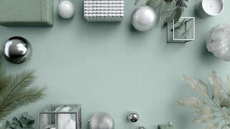 A clean, pure-white center bordered by bold green baubles and metallic silver decor.の写真素材