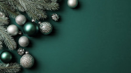 Soft-lit Christmas border with rich green tones and metallic silver ribbons.の写真素材