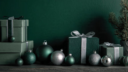 A matte green background enveloped by glittery silver snowflake dの写真素材