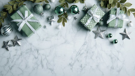 A soft holiday flat-lay with green foliage-inspired dの写真素材