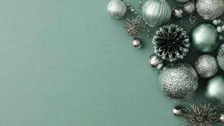 A bright festive layout combining modern green ornaments with classic silver stars.の写真素材