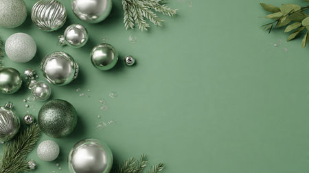 A serene monochrome green border with delicate silver details enhancing the composition.の写真素材