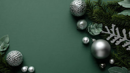 A fresh modern holiday frame with layered green ornaments and glittery silver accents.の写真素材