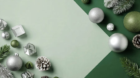 Modern festive border with deep green decorations and chrome-silver accents.の写真素材