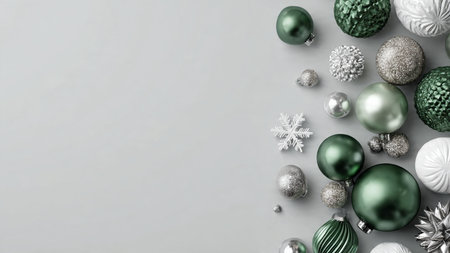 Vintage layout framed with soft green tones, silver flakes, and handmade gift boxes.の写真素材