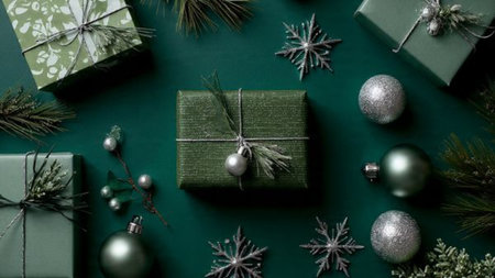 A minimalist mockup layout with matte green surface and lightly scattered silver snowflakes.の写真素材