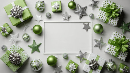 Christmas frame combining icy silver sparkles with lush green holiday colors.の写真素材