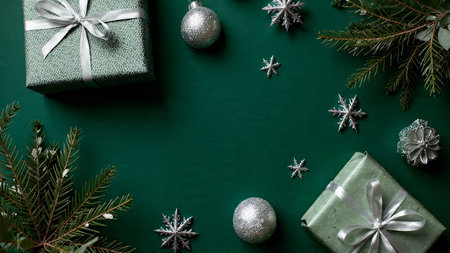 A modern green-themed layout featuring crisp silver stars marking the frameの写真素材