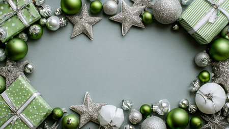 Simple holiday border with evenly spaced green-and-silver ornaments.の写真素材