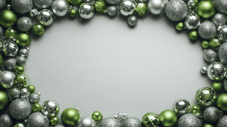 Classic green-and-white Christmas border highlighted by polished silver baubles and traditional gift boxes.の写真素材