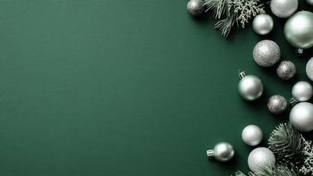 Simple holiday border with evenly spaced green-and-silver ornaments.の写真素材