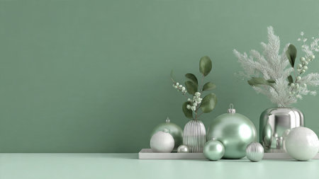 A soft-lit green holiday layout featuring elegant silver decorations and minimalistic wrapped gifts.の写真素材