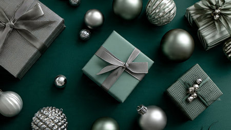 Holiday layout with pastel green tones, crafted silver ornaments, and ribbon-wrapped gifts.の写真素材