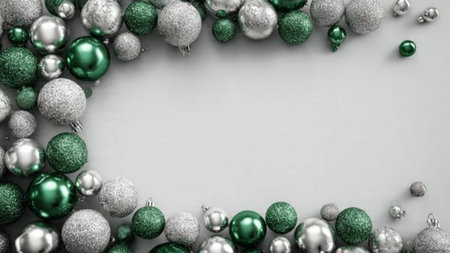 A glowing holiday border combining emerald ornaments with shining silver accents.の写真素材