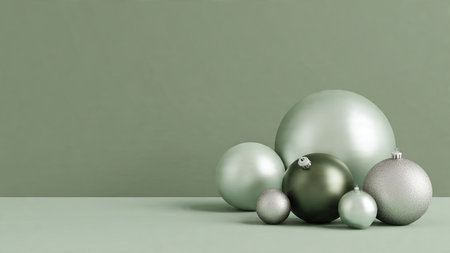 A quiet festive border combining muted green baubles with soft-sparkling silver elements.の写真素材