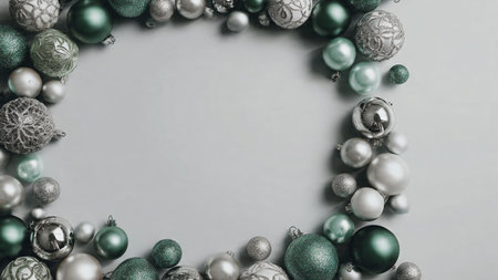 A textured green Christmas background surrounded by bright silver accents.の写真素材