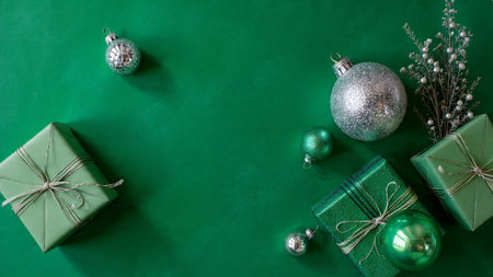 Gradient green background bordered by shimmering silver snowflakes.の写真素材