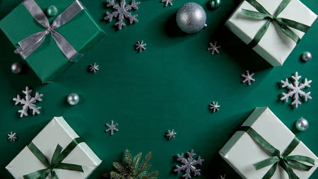 Classy frame with matte green gifts and brilliant silver stars.の写真素材