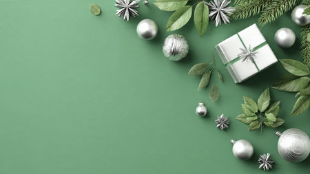 A luxury Christmas composition with sparkling silver stars and velvet-textured green ornaments.の写真素材