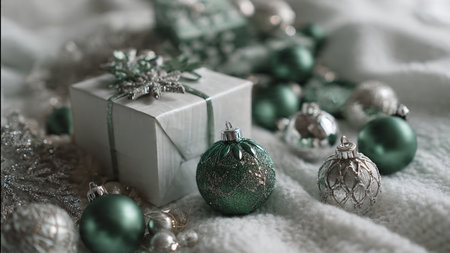 A premium green backdrop framed with luxury silver snowflake ornaments.の写真素材