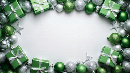 A festive border with balanced green decorations and polished silver accents.の写真素材