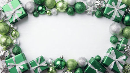 Vintage layout framed with soft green tones, silver flakes, and handmade gift boxes.の写真素材