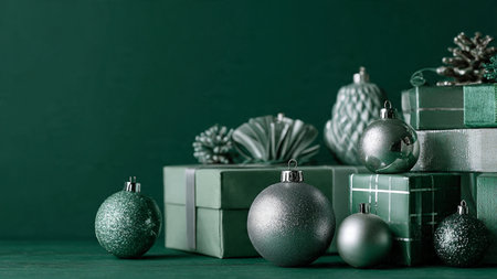 Clean commercial-style Christmas frame using green and silver decor evenly spaced.の写真素材