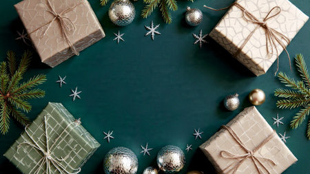 A commercial-grade green Christmas frame balanced with glossy silver decorations.の写真素材