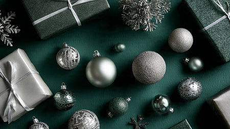 A structured symmetrical frame combining forest-green baubles with chrome-like silver spheres.の写真素材