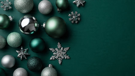 A top-view symmetrical Christmas border using green baubles and silver ribbons.の写真素材
