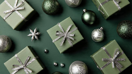 A luxurious mockup setup with high-gloss silver decorations paired with matte green tones.の写真素材