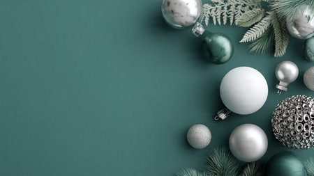 A modern holiday layout featuring balanced green spheres and classic silver stars along each side.の写真素材