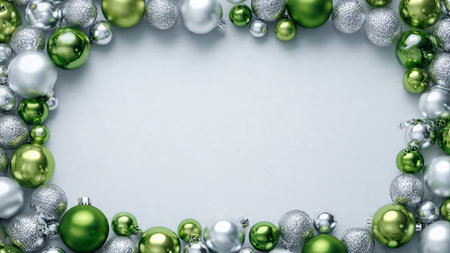 A modern matte green layout decorated with stylish silver holiday shapes.の写真素材