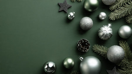 Minimal frame design with subtle green shadows and refined silver sparkles.の写真素材