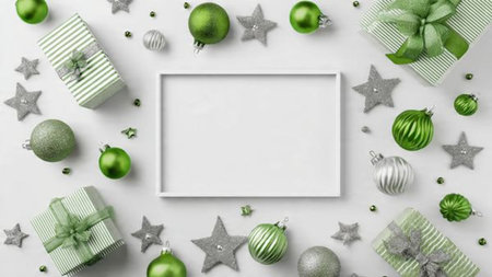 A luxury Christmas setup with curated green baubles and sparkling silver details.の写真素材