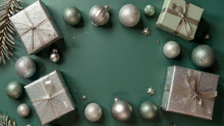 A luxurious mockup setup with high-gloss silver decorations paired with matte green tones.の写真素材