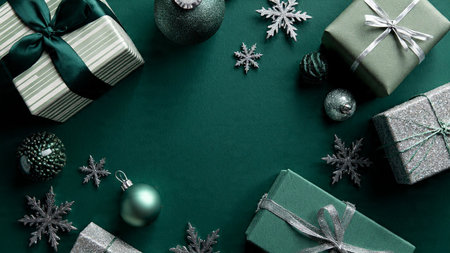 A premium visual frame combining structured green baubles and chrome-finished silver spheres.の写真素材